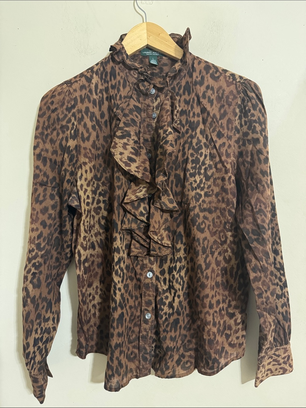 Y2K Lauren Ralph Lauren Animal Print Ruffle Neck Shirt size L Indie Sleaze Retro
